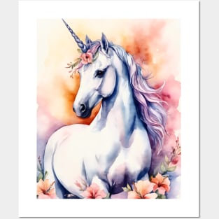 Watercolor fantasy unicorn with flowers Posters and Art